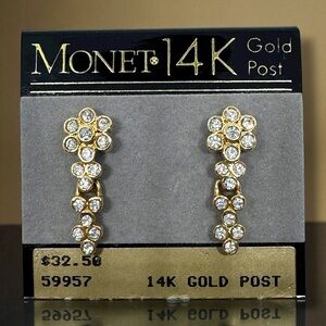 NEW Vtg Signed MONET Crystal Rhinestone Pierced Dangle EARRINGS 14kt Posts